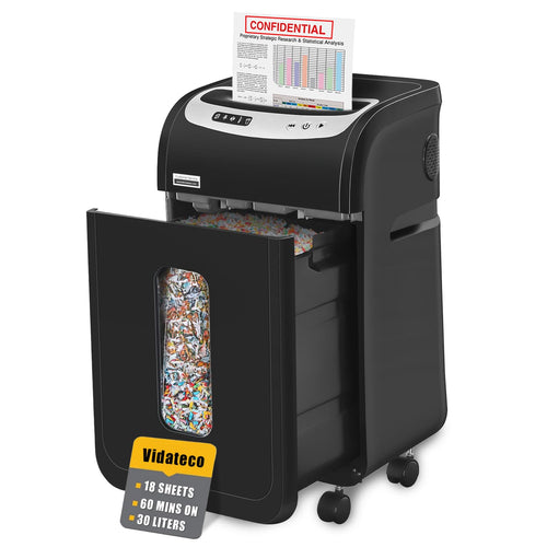 VidaTeco Mikro-Cut 18 Blatt P4 Aktenvernichter - Schwarz. Rechteckiger Aktenvernichter schreddert Dokumente mit P4 Mikro-Cut.