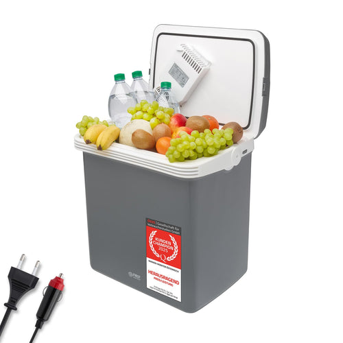 TZS First Austria Kühlbox 32L elektrisch 12V/230V Grau. Rechteckiger, grauer Behälter mit Deckel. Kühlt Getränke und Speisen mobil mit 12V/230V.