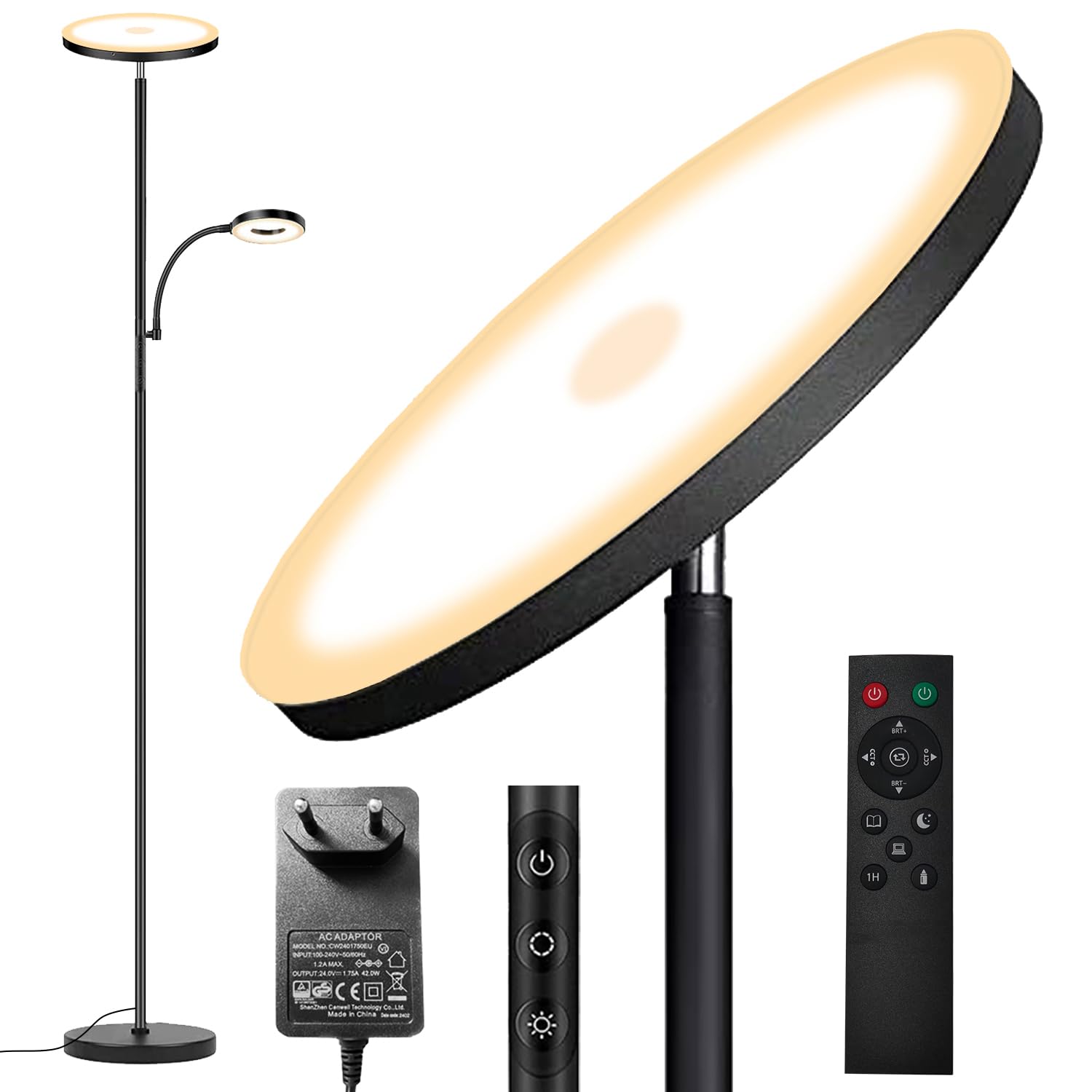 Moderne LED Deckenfluter Stehlampe – dimmbar mit Leselampe. Oben ger. Deckenfluter & seitl. Leselampe. Für Ambiente- & gez. Leselicht.
