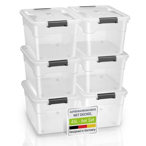 Juskys Aufbewahrungsbox mit Deckel, 6er Set, 45 Liter, transparent – Kunststoff, stapelbar