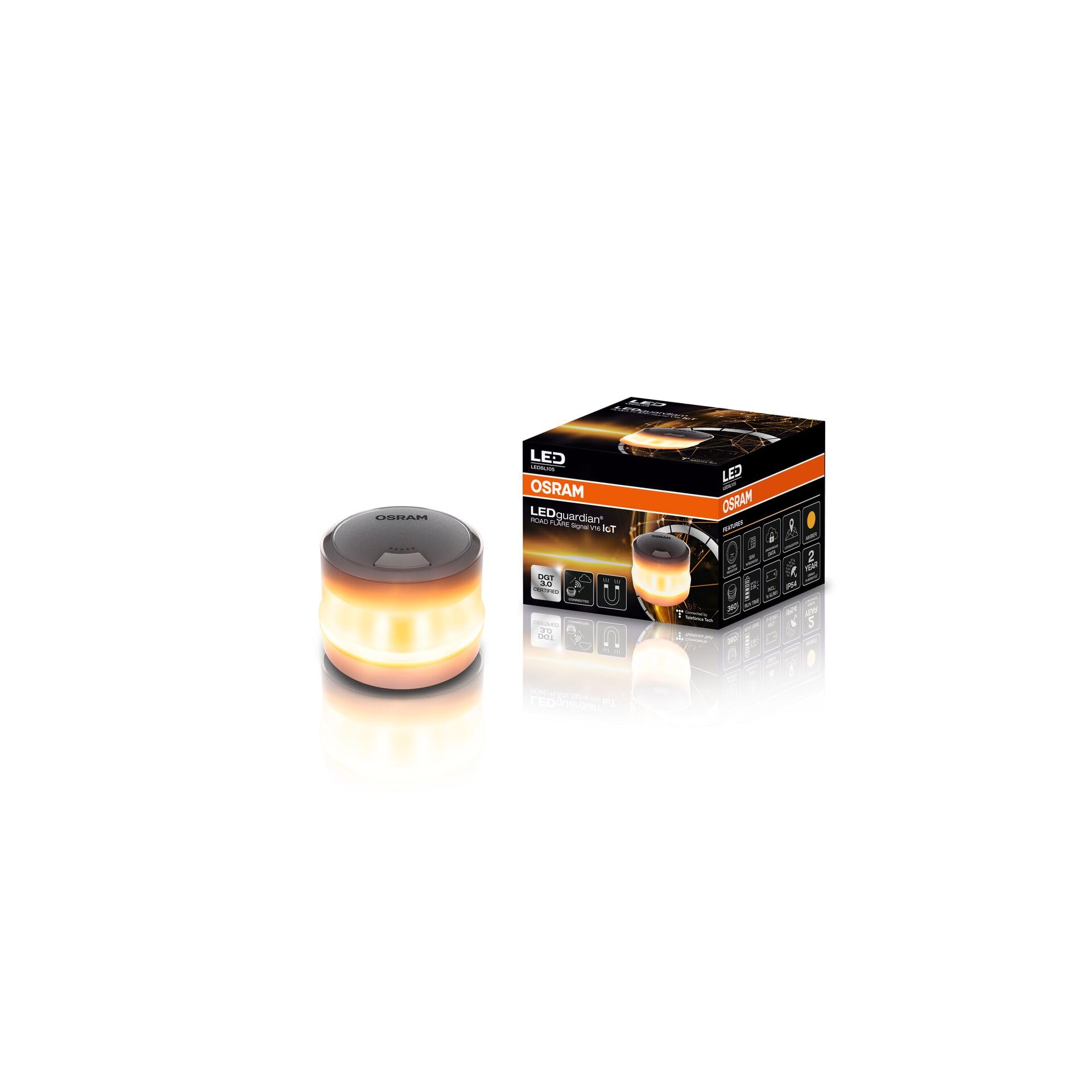 Osram LEDguardian Road Flare Signal V16 IoT – DGT 3.0 Warnleuchte: Kompakte, orange Warnleuchte zur Absicherung bei Pannen.