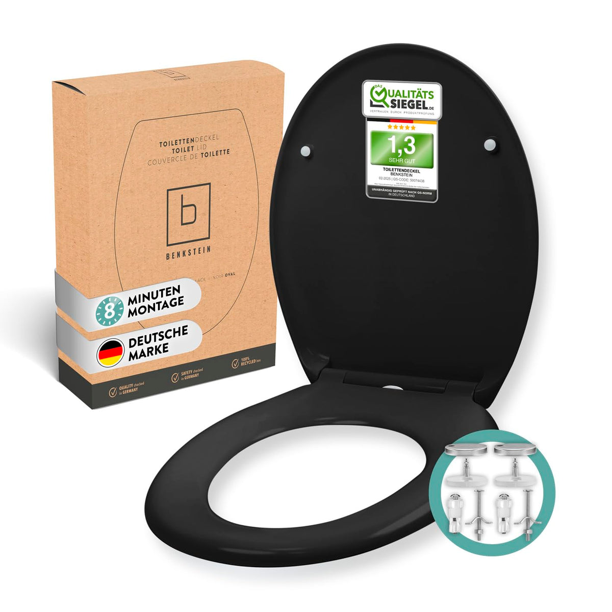 BENKSTEIN WC-Sitz oval schwarz, Duroplast, Softclose & Quick-Release mit Edelstahlscharnieren
