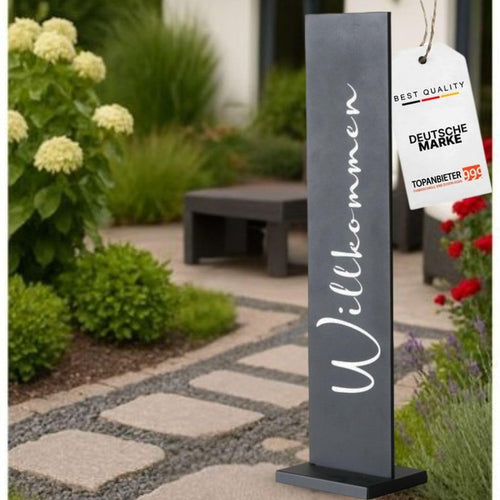 TOPANBIETER 999 Willkommensschild Dekoaufsteller Metall 77 cm schwarz als Säule mit abnehmbarer Bodenplatte