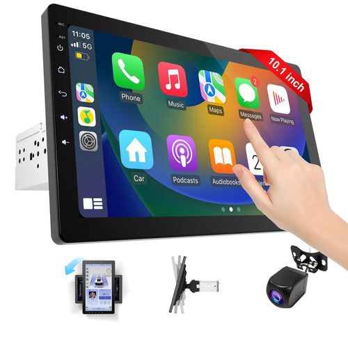 Haudio 1DIN Autoradio 10.1 Zoll drehbar - Wireless CarPlay/AA. Schwarzes 1DIN Radio. Bietet Wireless CarPlay/AA im Fahrzeug.