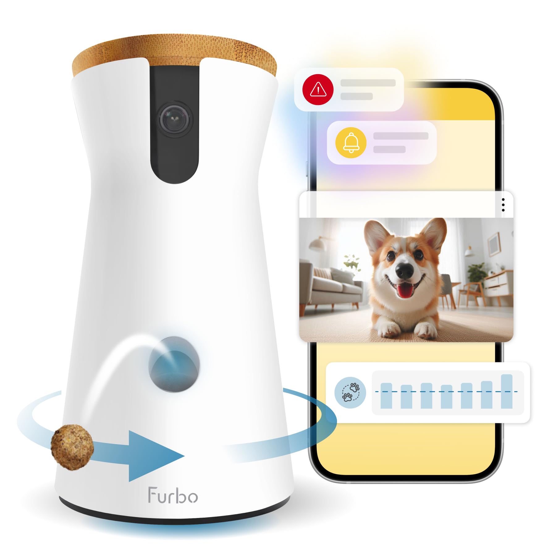 Furbo 360° Hundekamera Heimsicherheit – Premium mit Abo. Weiß, zylindrisch. Bietet 360° Live-Video, Futterwurf und 2-Wege-Audio.