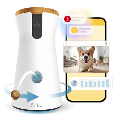 Furbo 360° Hundekamera Heimsicherheit – Premium mit Abo. Weiß, zylindrisch. Bietet 360° Live-Video, Futterwurf und 2-Wege-Audio.