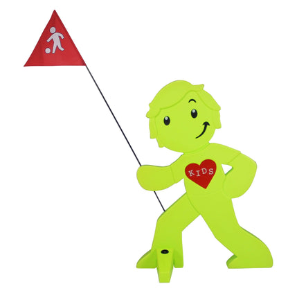 StreetBuddy Warnfigur mit Fahne – Kindersicherheit Warnaufsteller Grün