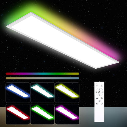 Oraymin LED Panel Deckenleuchte 120x30 – RGB, Dimmbar. Rechteckiges LED-Panel, dimmbar mit RGB-Farben für vielseitige Deckenbeleuchtung.