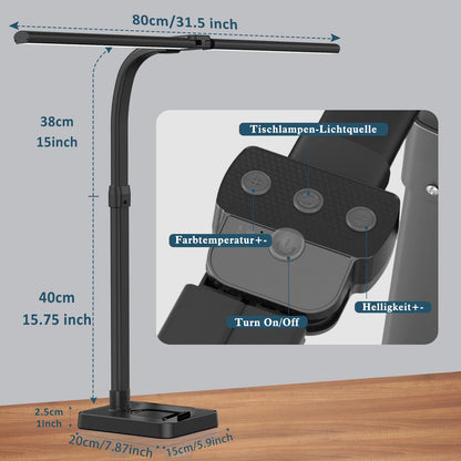 LOTTBUTY Doppelkopf Schreibtischlampe LED dimmbar 24W 80 cm schwarz
