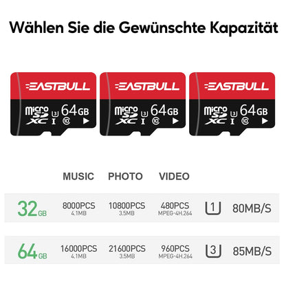EASTBULL Micro SD Speicherkarte 64GB 3er-Pack mit SD-Adapter U1 C10