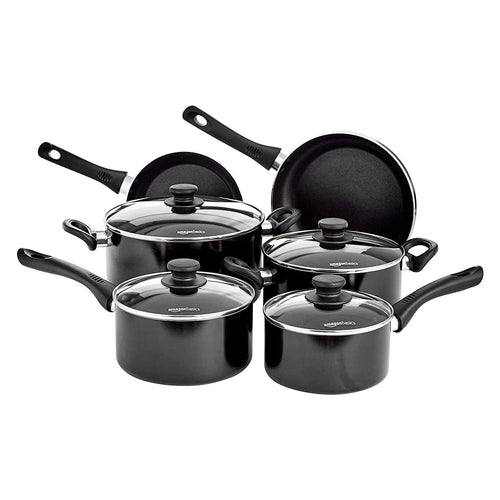 Amazon Basics Kochgeschirr-Set Antihaft Induktion - 6er Schwarz. Schwarzes 6-teiliges Set zum Kochen auf Induktionsherden mit Antihaftbeschichtung.