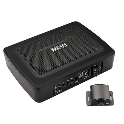 ISUDAR 9" aktiver Untersitz-Subwoofer, schwarz, schlankes Gehäuse. Verstärkt die Basswiedergabe im Fahrzeug.