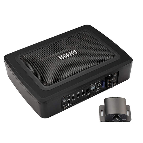 ISUDAR 9" aktiver Untersitz-Subwoofer, schwarz, schlankes Gehäuse. Verstärkt die Basswiedergabe im Fahrzeug.