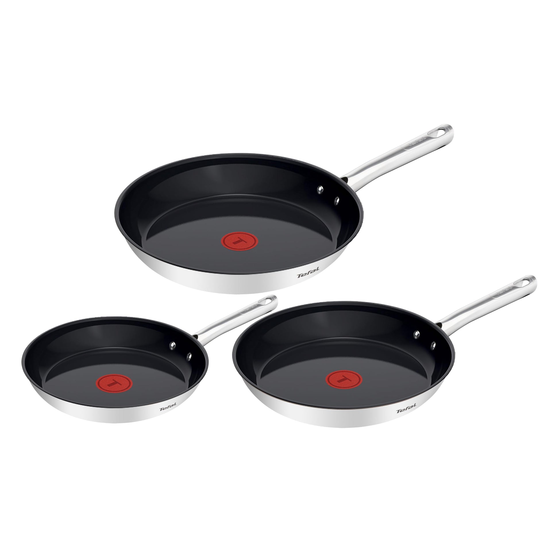 Tefal Duetto On Pfannen-Set 3-tlg. 20/24/28 cm Go Ceram Edelstahl. Silberfarbene Edelstahlpfannen zum Braten von Speisen.