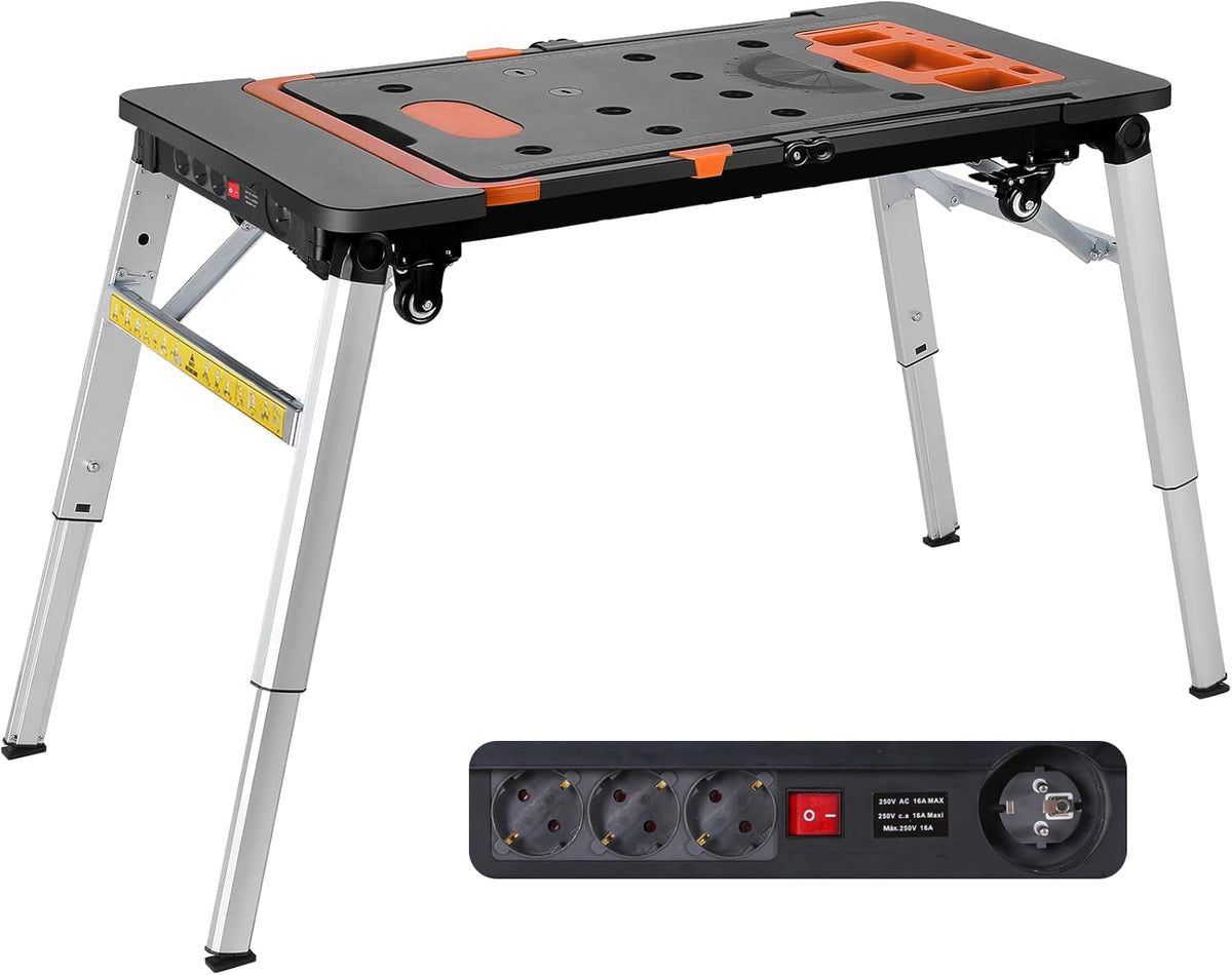 TLGREEN 7-in-1 Werkbank klappbar, höhenverstellbar, bis 200 kg, mit vier Rollen und Steckdosenleiste