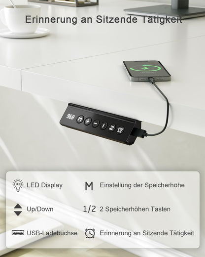 JUMMICO Elektrischer Steh-Sitz Schreibtisch mit USB, 140x60 cm, Weiss