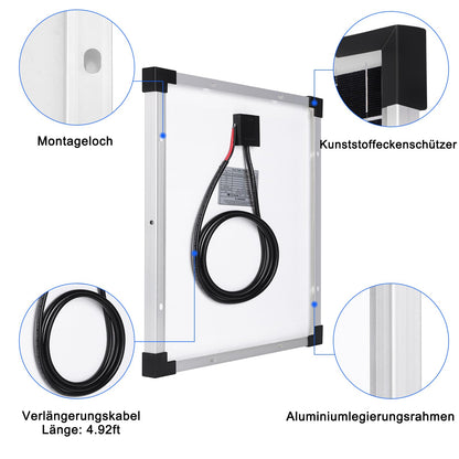 DERUXI Monokristallines Solarpanel-Kit 50W 12V mit 10A Laderegler