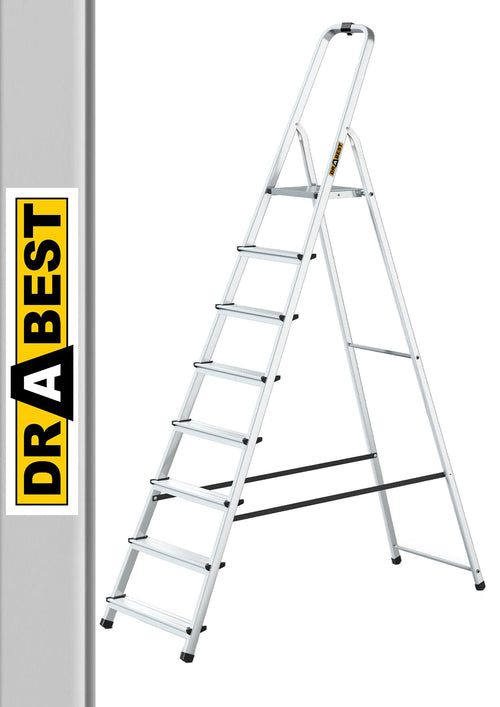 DRABEST Stehleiter Klapptrittleiter – 8 Stufen Alu mit Arbeitsschale. Für sicheres Arbeiten in der Höhe.