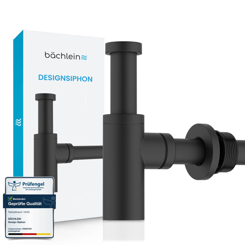 Bächlein Design Siphon Universal für Waschbecken, matt schwarz, mit Rosette und Tauchrohr