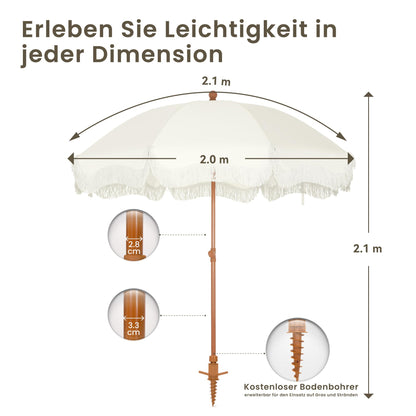 PHI VILLA Sonnenschirm 200 cm knickbar mit Fransen, Milchweiss