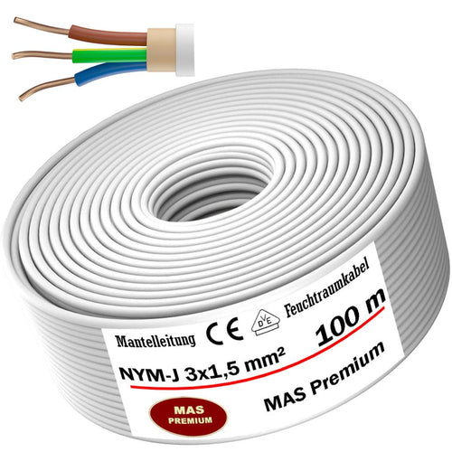 MAS NYM-J 3x1.5 mm² Feuchtraumkabel Mantelleitung – 100m. Rundes, graues Kabel für feste Verlegung in Feucht- und Trockenräumen.