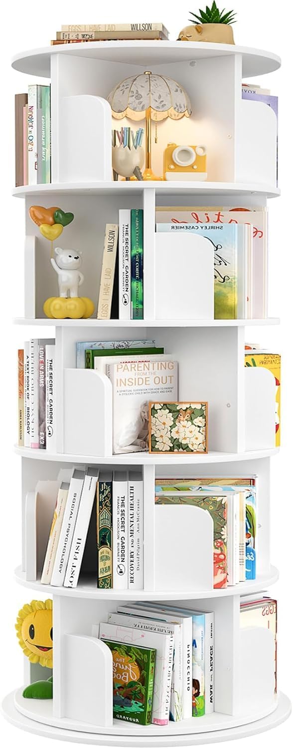 iSunirm Bücherregal drehbar 360 Grad, 5 Etagen, Holz, weiss – runde Form mit 24 Fächern
