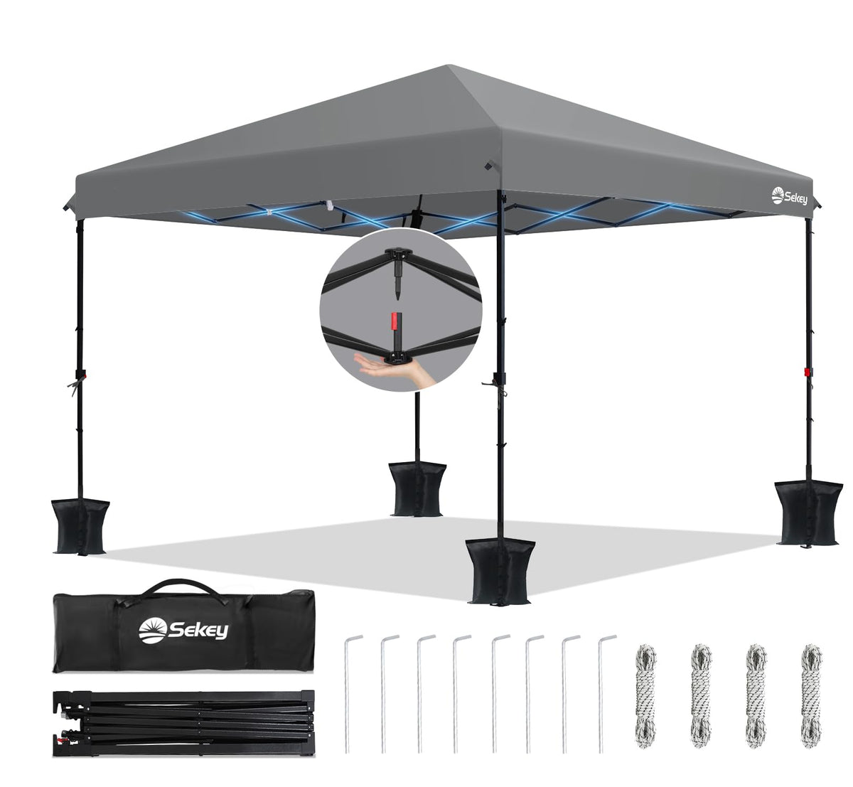 Sekey Faltpavillon 3x3 m One-Touch, wasserdicht, Grau, 420D-Oxford-Dach, verdickte Standrohre