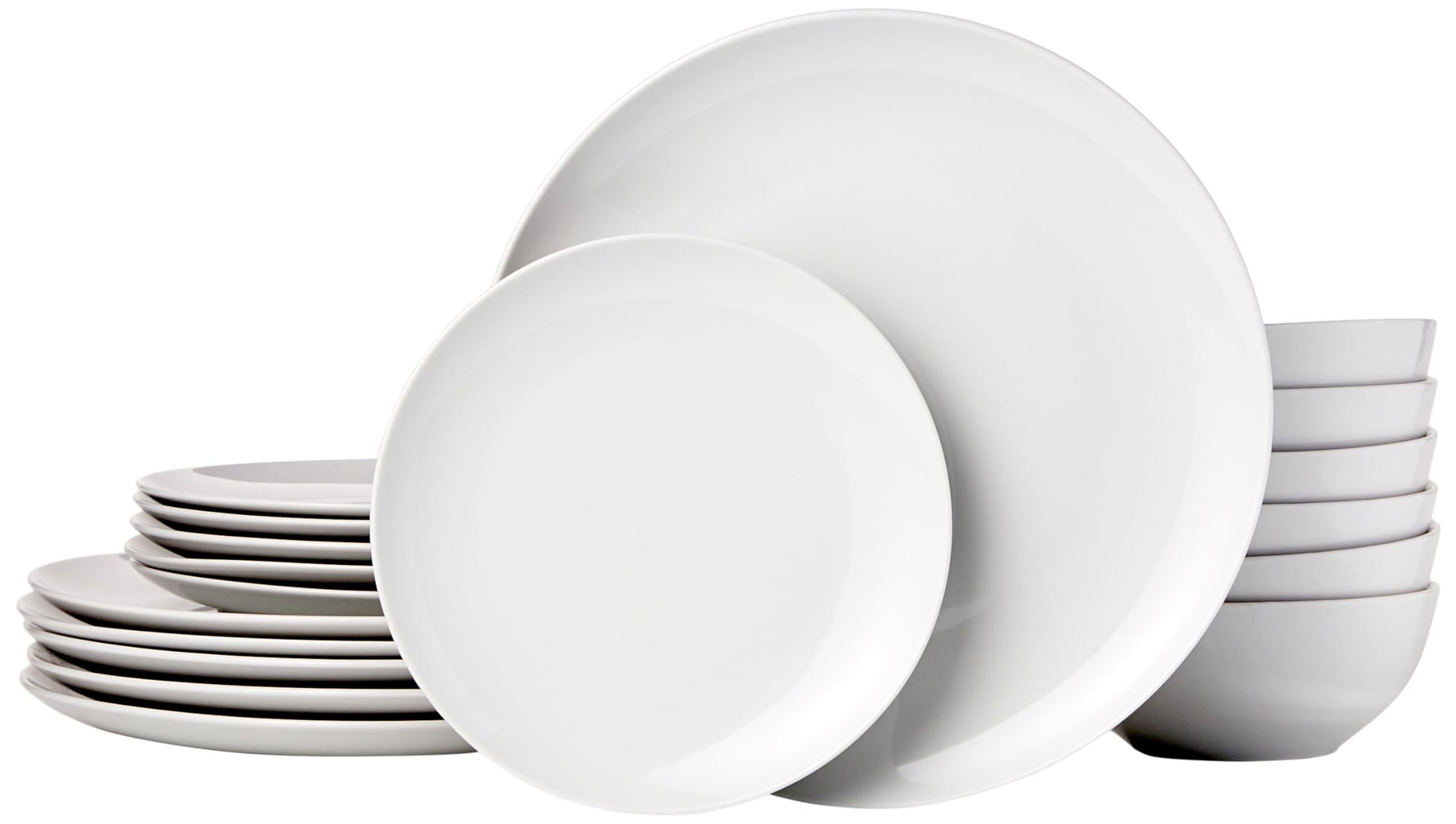 Amazon Basics Geschirrservice 18tlg. 6 Personen - Weiss Porzellan Coupe. Weißes Porzellanservice im Coupe-Stil zum Servieren von Speisen.