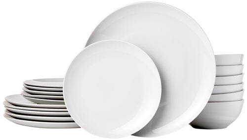 Amazon Basics Geschirrservice 18tlg. 6 Personen - Weiss Porzellan Coupe. Weißes Porzellanservice im Coupe-Stil zum Servieren von Speisen.