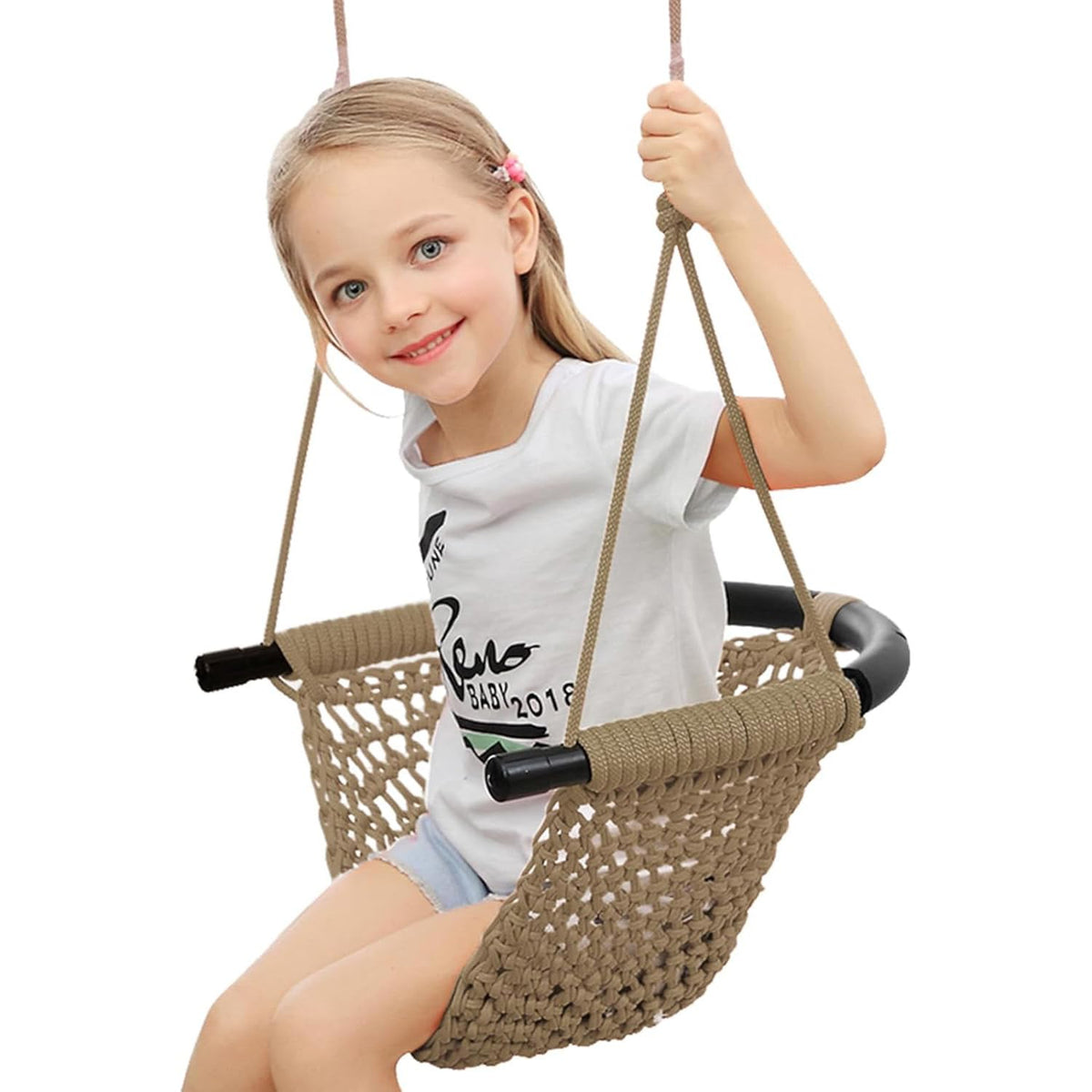 SFITVE Kinderschaukel Outdoor, handgestrickter Schaukelsitz in Khaki aus Polyesterseil mit verstellbarer Seillänge