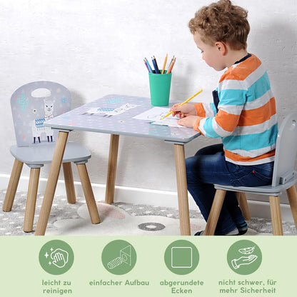 Kesper Kindertisch mit 2 Stühlen, Alpaka-Motiv, grau, 55 x 55 x 45 cm