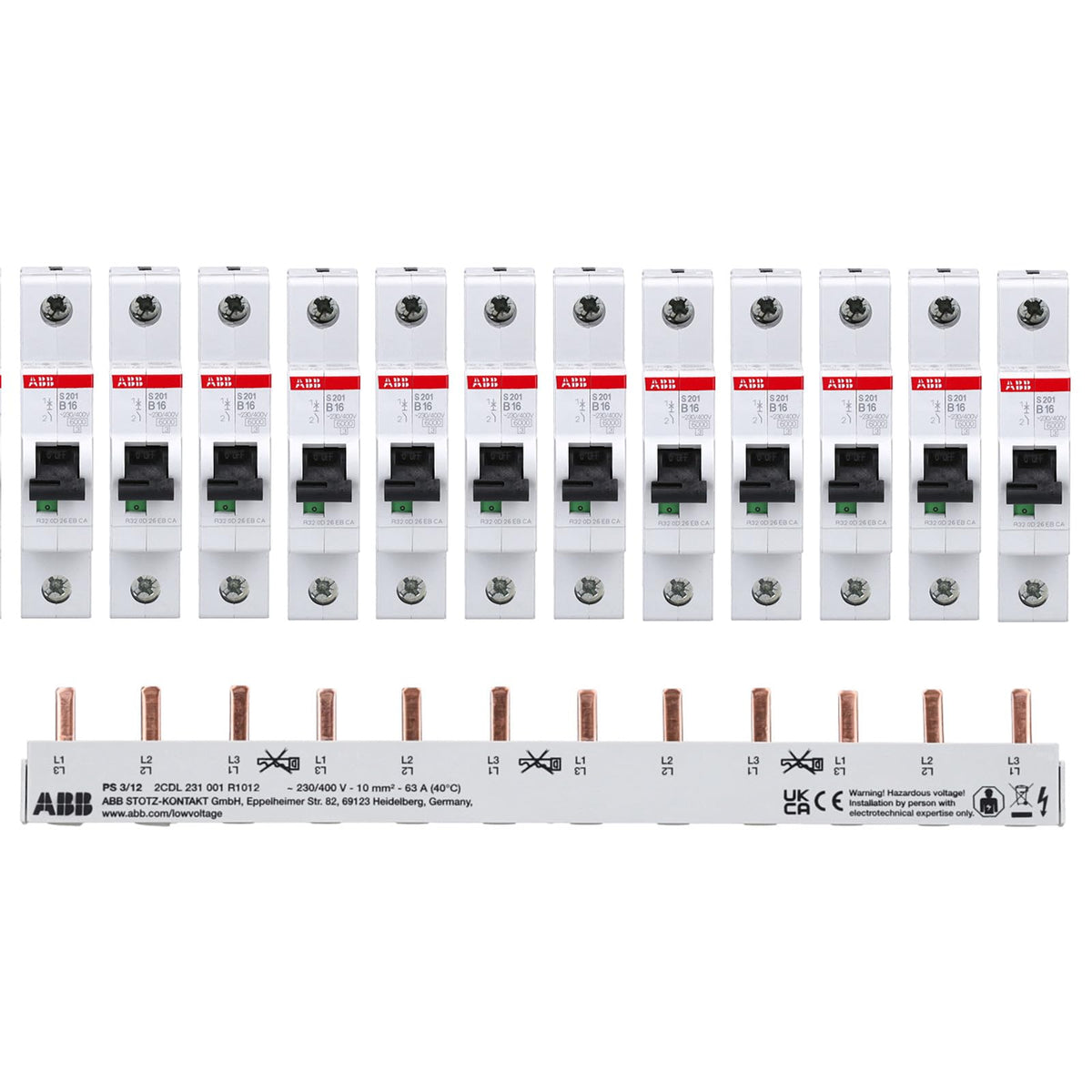 ABB S201-B16 Leitungsschutzschalter Set 12x 16A + Phasenschiene PS3/12 für die Elektroinstallation