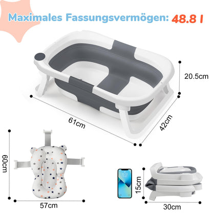 DEANIC Babybadewanne faltbar mit Kissen, Babywanne 0-12 Monate, Grau