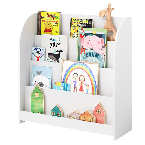 Bellabino Baru Montessori Kinderbücherregal Kinderzimmer - Weiss. Weißes Regal mit offener Frontalpräsentation für Kinderbücher, fördert selbstständigen Zugriff.