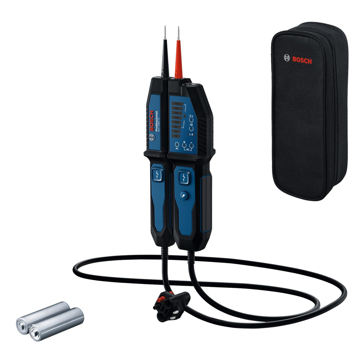Bosch Professional GVT 1000-15 Spannungsprüfer bis 1000V. Längliches Messgerät mit schwarz-rotem Gehäuse. Misst AC/DC-Spannung bis 1000V.