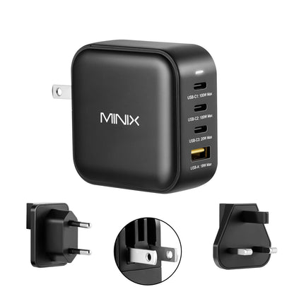 MINIX NEO P3 USB C GaN Wandladegerät - 100W 4-Ports, blockförmig. Lädt bis zu 4 USB-C-Geräte schnell mit 100W Gesamtleistung.