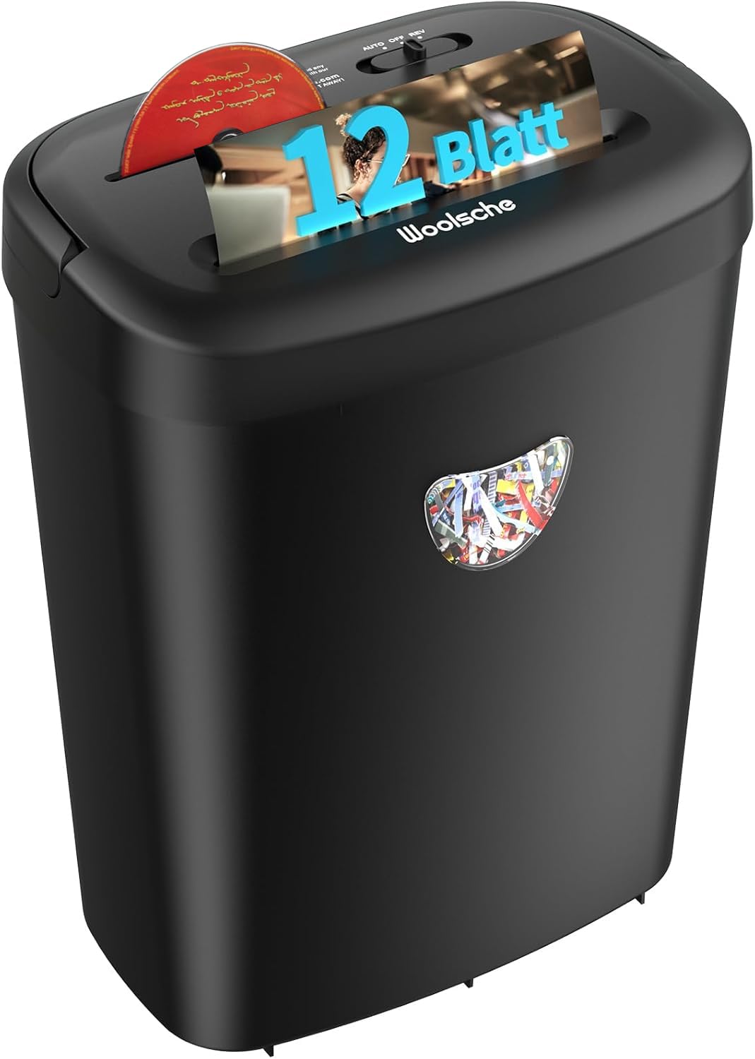 OfficePro SecureShred S12 Aktenvernichter für Papier & CDs, 12 Blatt, 25L. Schwarzes, rechteckiges Gerät für sichere Datenvernichtung.
