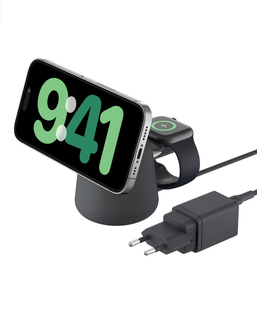 Belkin BoostCharge Pro Qi2 15W 2-in-1 Ladestation - Schwarz. Schwarze Station für drahtloses 15W Qi2-Laden von zwei Geräten.
