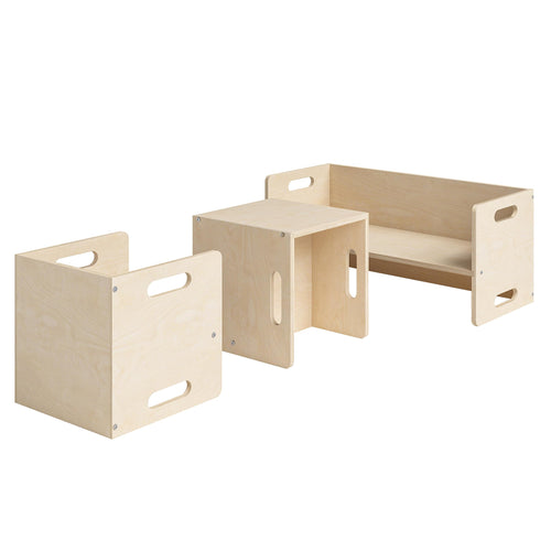 Bellabino AKI Kindermöbel Set Montessori 3-tlg. Holz: Naturfarbener Holztisch (rechteckig) und zwei Stühle für selbstständiges Lernen & Spielen.