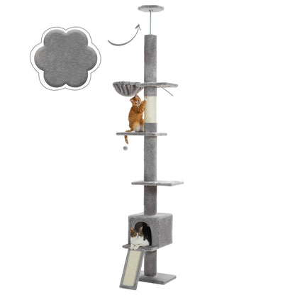 PAWZ Road Kratzbaum deckenhoch, 216-273cm höhenverstellbar – Grau. Grauer, hoher Kratzbaum mit Liegeflächen für Katzen zum Klettern und Kratzen.