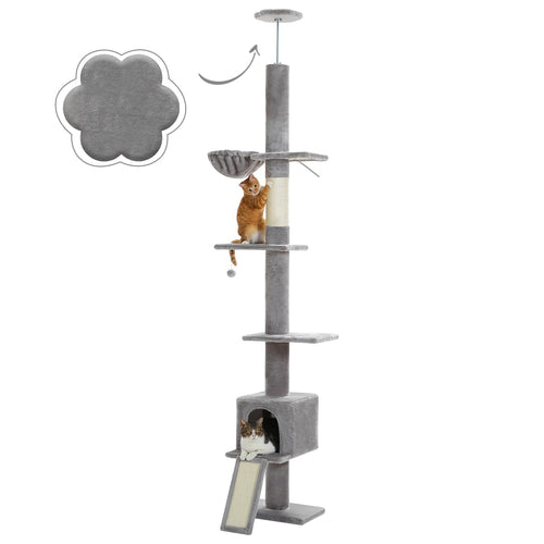 PAWZ Road Kratzbaum deckenhoch, 216-273cm höhenverstellbar – Grau. Grauer, hoher Kratzbaum mit Liegeflächen für Katzen zum Klettern und Kratzen.