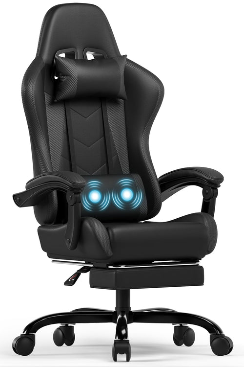 Devoko Ergonomischer Gaming Stuhl mit Massage & Fussstütze - Schwarz. Schwarzer Gaming-Stuhl mit hoher Rückenlehne für lange Spielzeiten.