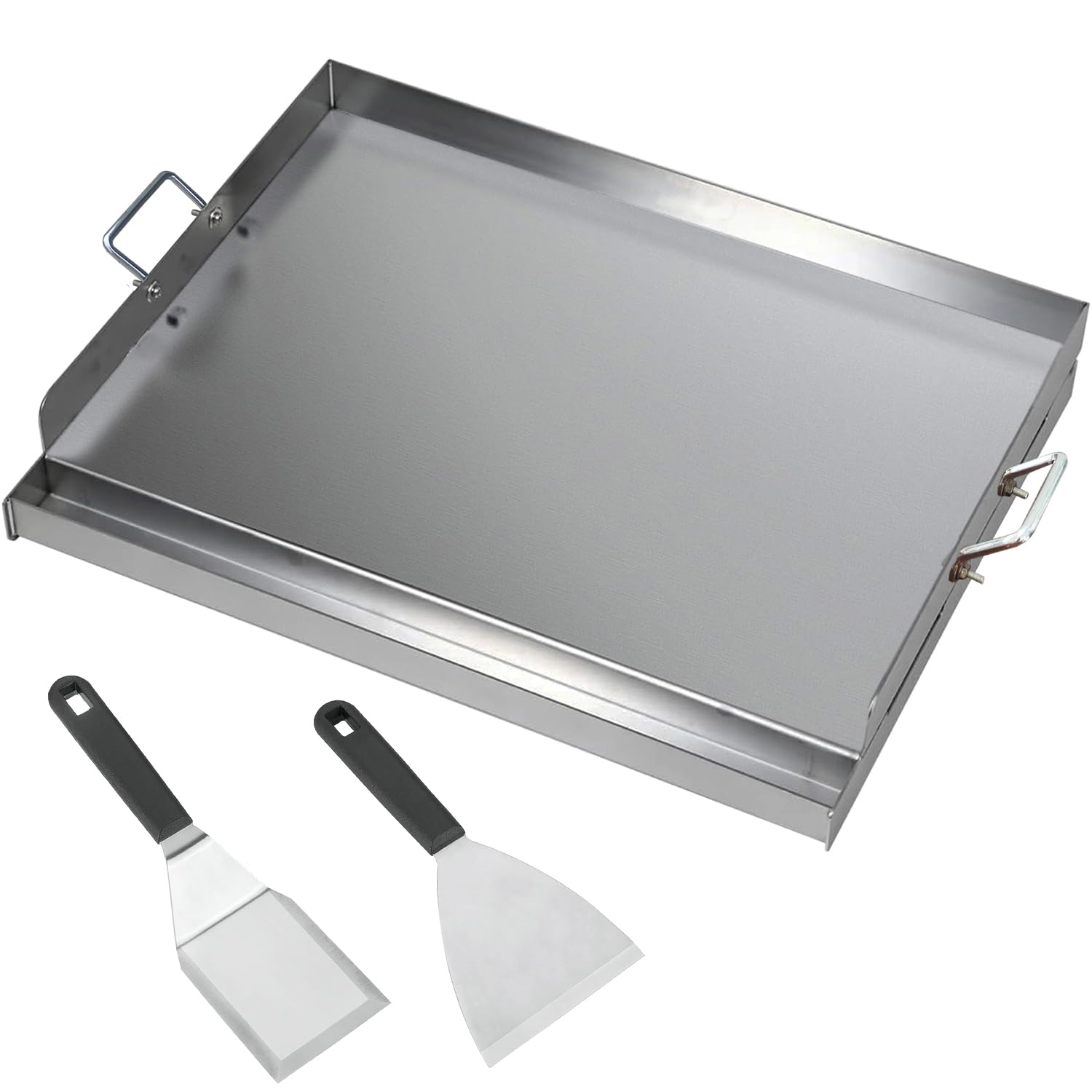 FINEUNAN Grillplatte Edelstahl 54x41x8 cm - Spachtel Set. Silberne Edelstahlplatte mit Rand, Spachteln. Zum Grillen auf Gas-/Kohlegrills.