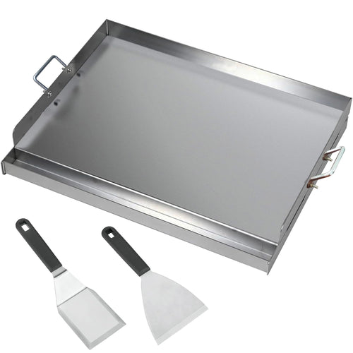 FINEUNAN Grillplatte Edelstahl 54x41x8 cm - Spachtel Set. Silberne Edelstahlplatte mit Rand, Spachteln. Zum Grillen auf Gas-/Kohlegrills.