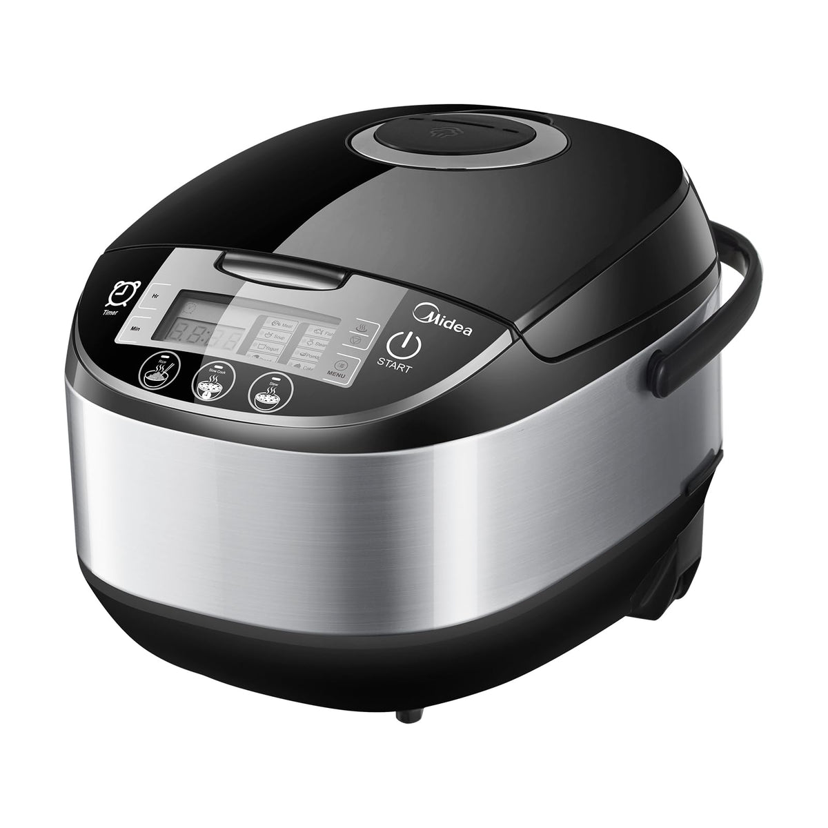 Midea Reiskocher Multifunktionsgerät - 5L Schwarz-Silber, zylindrisches Kochgerät. Kocht Reis, dampft und gart weitere Speisen.