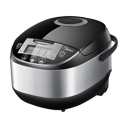 Midea Reiskocher Multifunktionsgerät - 5L Schwarz-Silber, zylindrisches Kochgerät. Kocht Reis, dampft und gart weitere Speisen.