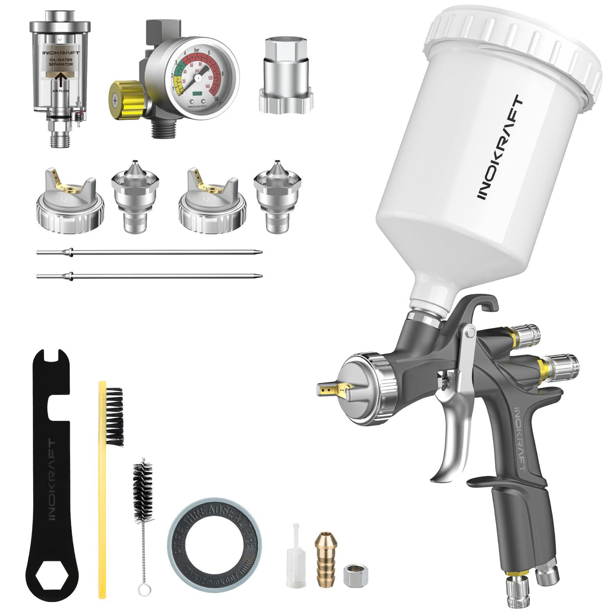 InoKraft D1 LVLP Farbsprühpistole Set mit Düsen 1,3/1,5/1,7 mm, geschmiedeter Aluminiumkörper