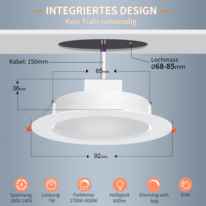 DUSKTEC LED Einbaustrahler dimmbar, 230V, 2700-6000K, 6er Set