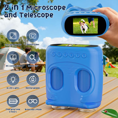 Temodu 2-in-1 Mikroskop und Fernglas für Kinder, 4K, 1000x, Blau