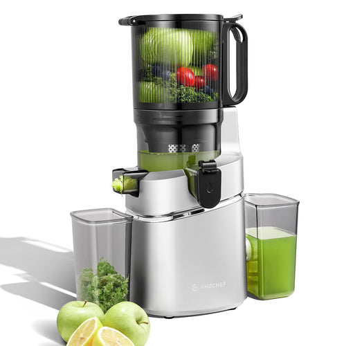 AMZCHEF Automatischer Slow Juicer 145mm Öffnung - Silber. Silbernes, aufrechtes Gerät. Entsaftet Obst/Gemüse per Kaltpressverfahren.